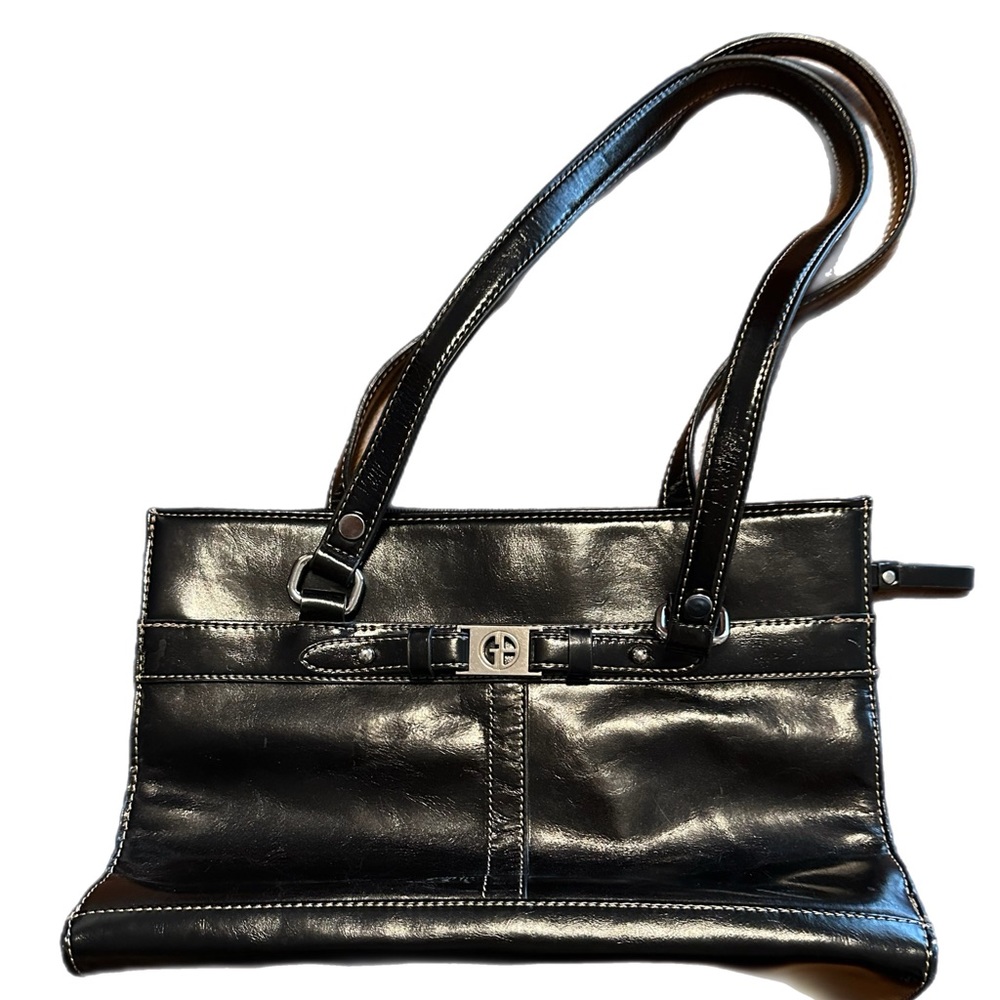 Giani Bernini Black Glazed Leather Triple Entry Shoulder Bag, great condition